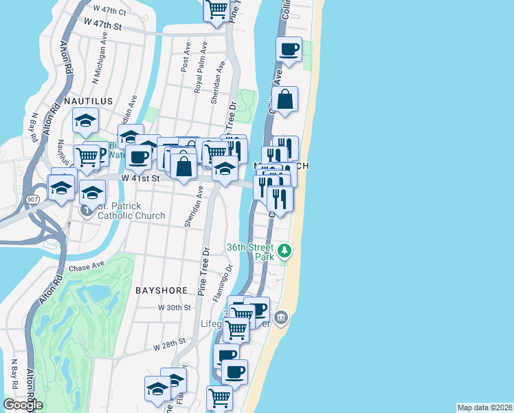 map of restaurants, bars, coffee shops, grocery stores, and more near 3901 Indian Creek Drive in Miami Beach