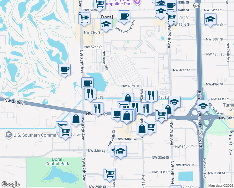 map of restaurants, bars, coffee shops, grocery stores, and more near 8429 Northwest 41st Street in Doral