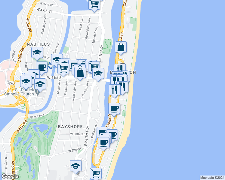 map of restaurants, bars, coffee shops, grocery stores, and more near 3901 Indian Creek Drive in Miami Beach