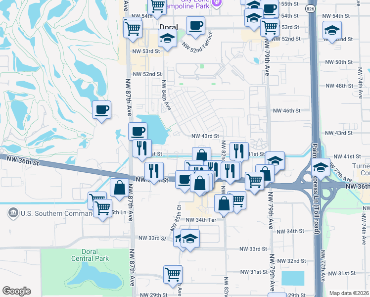 map of restaurants, bars, coffee shops, grocery stores, and more near 8429 Northwest 41st Street in Doral