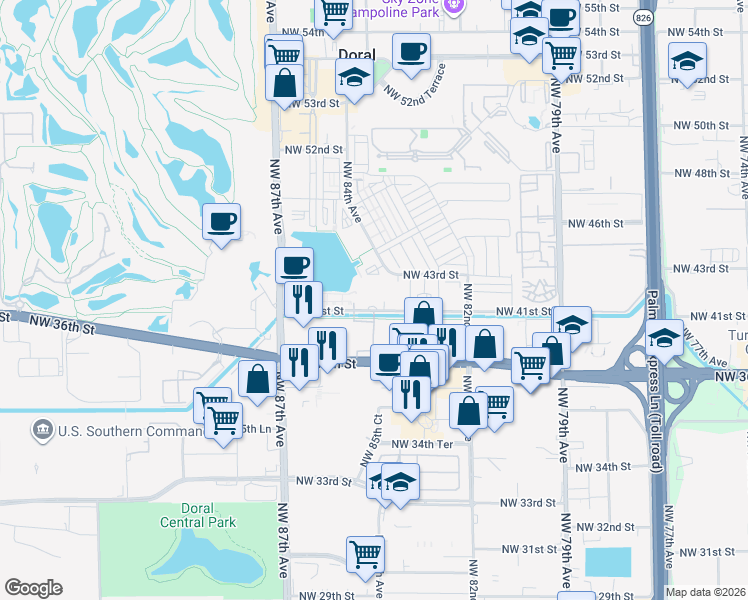 map of restaurants, bars, coffee shops, grocery stores, and more near 8649-8657 Northwest 41st Street in Doral