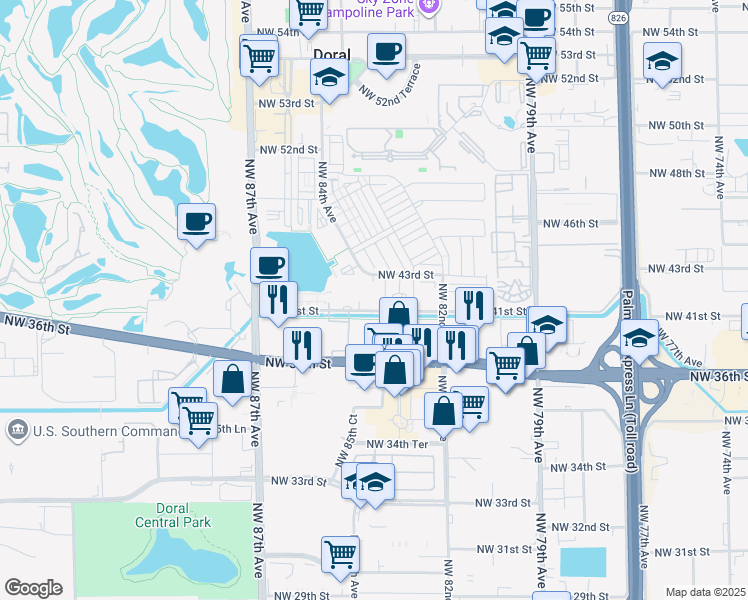 map of restaurants, bars, coffee shops, grocery stores, and more near 8649 Northwest 41st Street in Doral