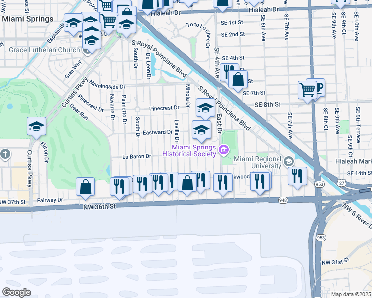 map of restaurants, bars, coffee shops, grocery stores, and more near 1001 La Baron Drive in Miami Springs