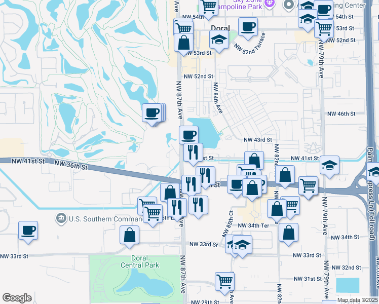 map of restaurants, bars, coffee shops, grocery stores, and more near 4101 Northwest 87th Avenue in Doral