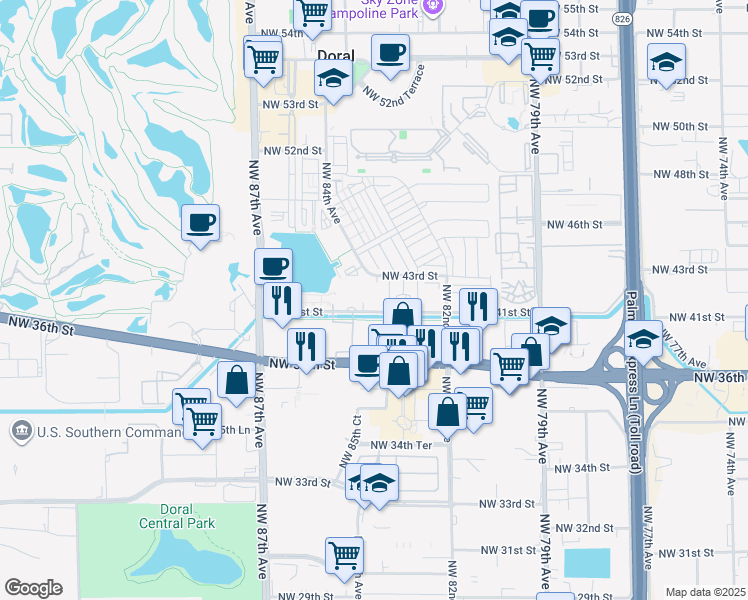 map of restaurants, bars, coffee shops, grocery stores, and more near 8425 Northwest 41st Street in Doral