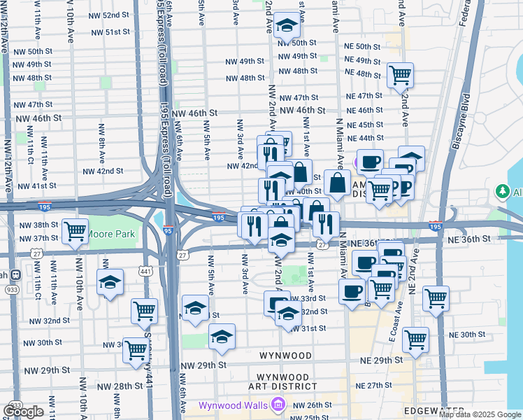 map of restaurants, bars, coffee shops, grocery stores, and more near 246 Northwest 39th Street in Miami