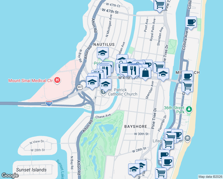 map of restaurants, bars, coffee shops, grocery stores, and more near 3916 Meridian Avenue in Miami Beach