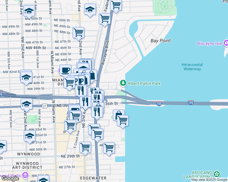 map of restaurants, bars, coffee shops, grocery stores, and more near 520 Northeast 38th Street in Miami