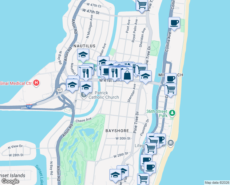 map of restaurants, bars, coffee shops, grocery stores, and more near 3736 Royal Palm Avenue in Miami Beach
