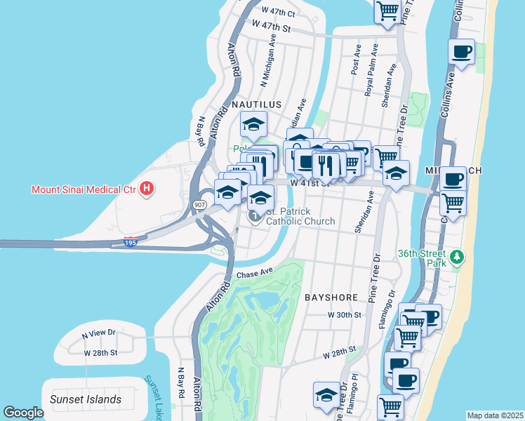 map of restaurants, bars, coffee shops, grocery stores, and more near 3701 Meridian Avenue in Miami Beach