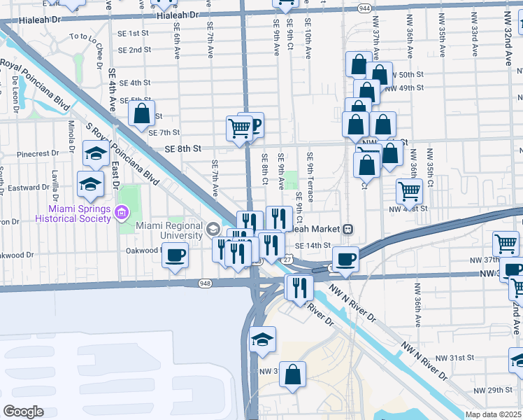 map of restaurants, bars, coffee shops, grocery stores, and more near 860 Southeast 12th Street in Hialeah