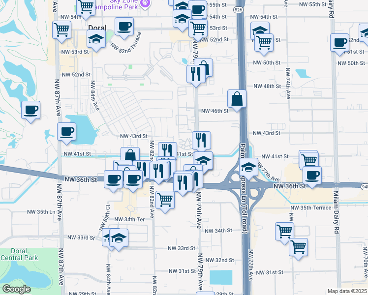 map of restaurants, bars, coffee shops, grocery stores, and more near 4130 Northwest 79th Avenue in Doral