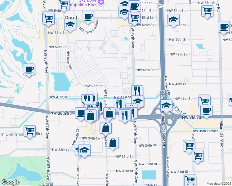 map of restaurants, bars, coffee shops, grocery stores, and more near 8045 Northwest 36th Street in Doral