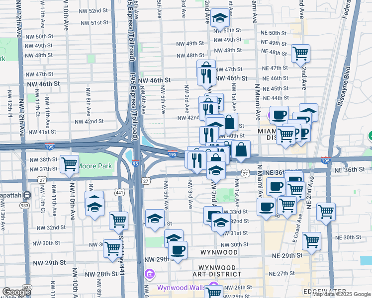 map of restaurants, bars, coffee shops, grocery stores, and more near 3894 Northwest 3rd Avenue in Miami