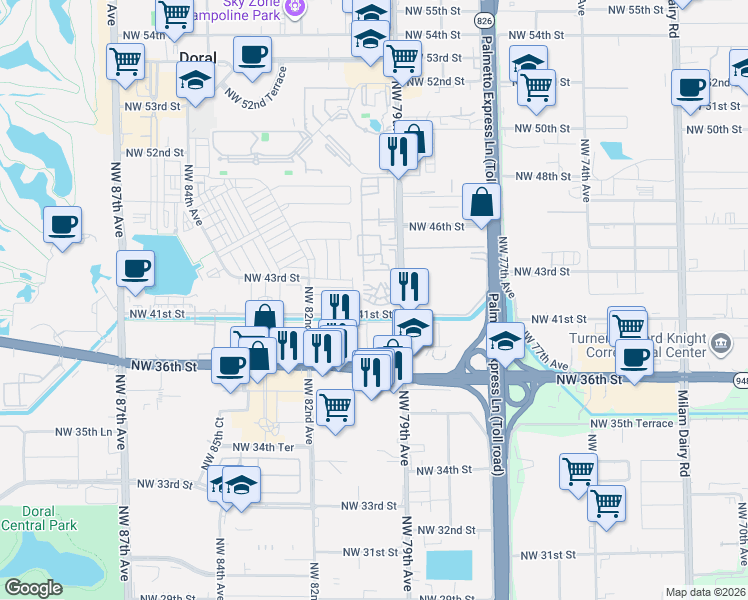 map of restaurants, bars, coffee shops, grocery stores, and more near 4130 Northwest 79th Avenue in Doral