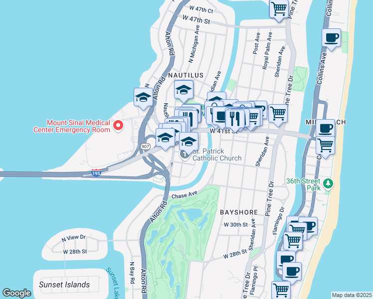 map of restaurants, bars, coffee shops, grocery stores, and more near 3701 Meridian Avenue in Miami Beach