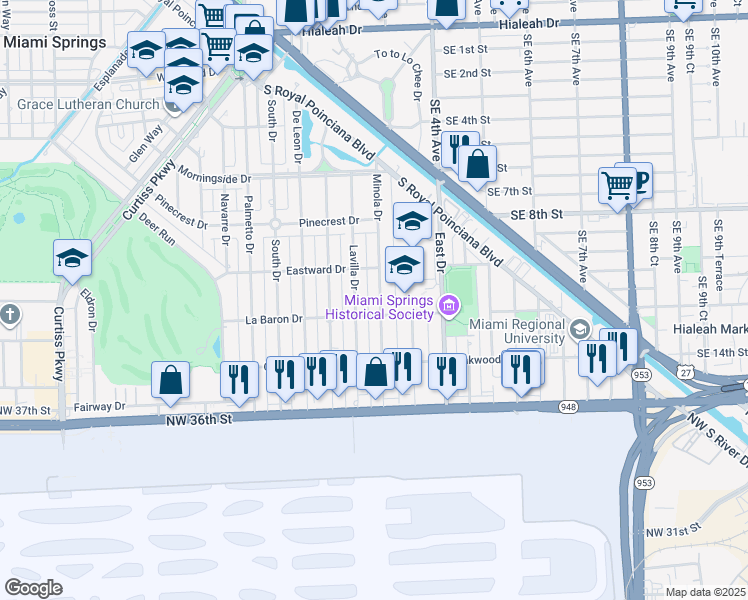 map of restaurants, bars, coffee shops, grocery stores, and more near 1001 La Baron Drive in Miami Springs