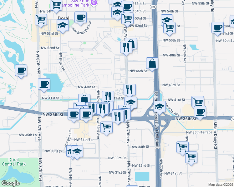 map of restaurants, bars, coffee shops, grocery stores, and more near 4130 Northwest 79th Avenue in Doral