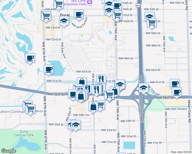 map of restaurants, bars, coffee shops, grocery stores, and more near 4100 Northwest 82nd Avenue in Doral