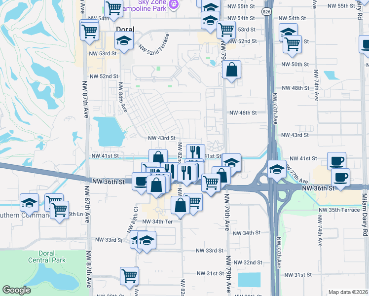 map of restaurants, bars, coffee shops, grocery stores, and more near 4100 Northwest 82nd Avenue in Doral