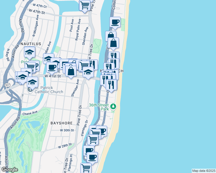 map of restaurants, bars, coffee shops, grocery stores, and more near in Miami Beach