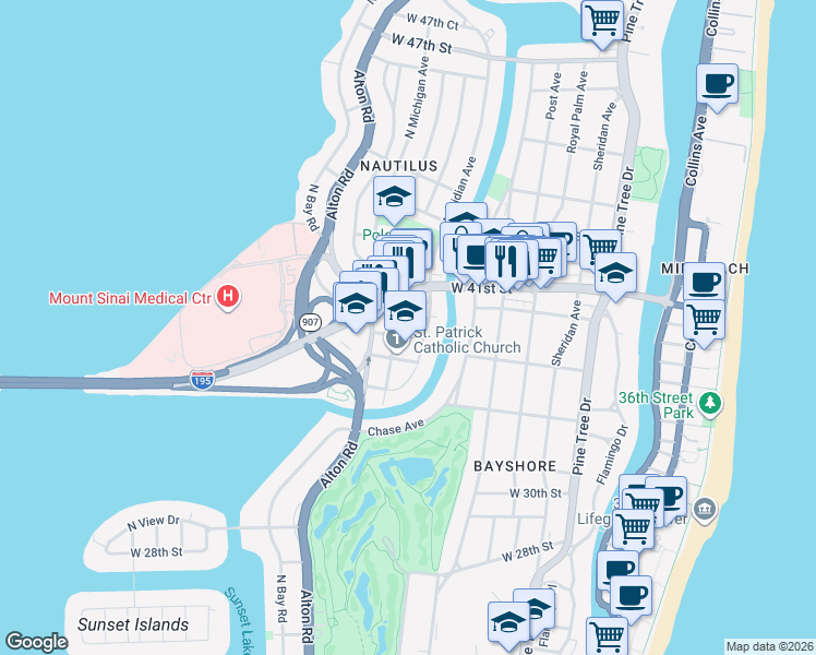 map of restaurants, bars, coffee shops, grocery stores, and more near 3701 Meridian Avenue in Miami Beach
