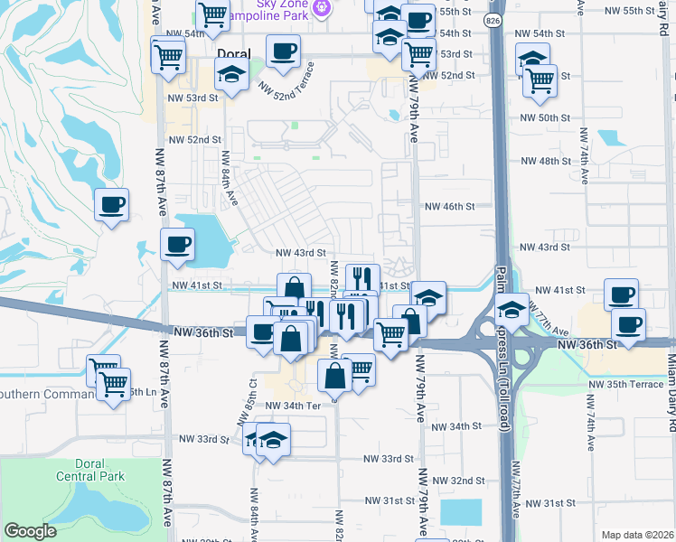 map of restaurants, bars, coffee shops, grocery stores, and more near 4100 Northwest 82nd Avenue in Doral
