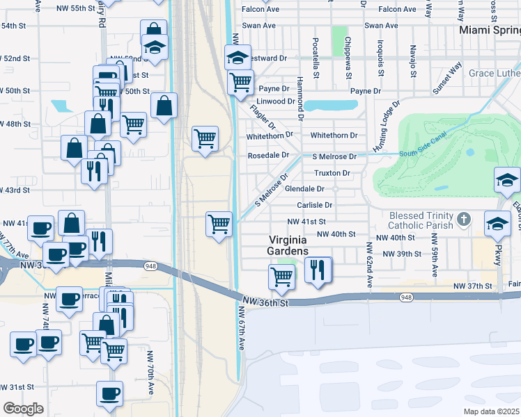 map of restaurants, bars, coffee shops, grocery stores, and more near 557 Lafayette Drive in Miami Springs