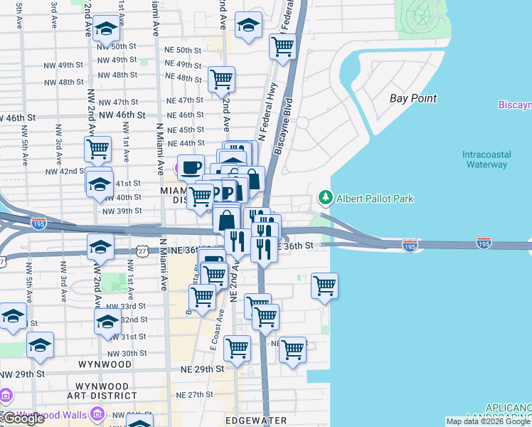 map of restaurants, bars, coffee shops, grocery stores, and more near Biscayne Blvd & NE 38th St in Miami