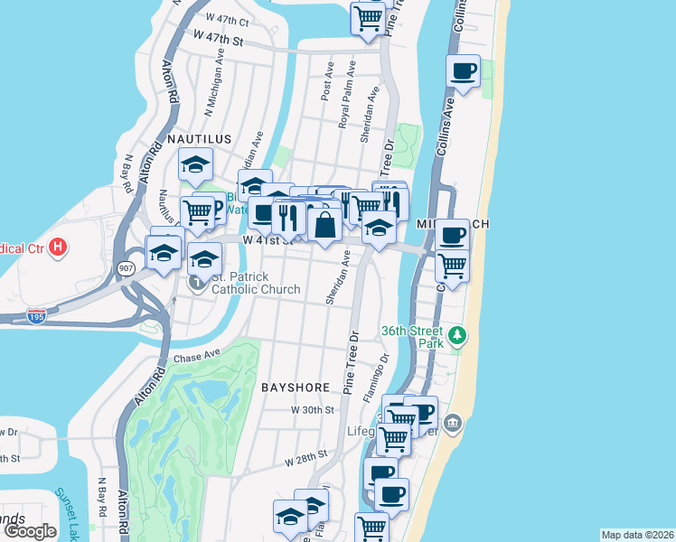 map of restaurants, bars, coffee shops, grocery stores, and more near 3750 Sheridan Avenue in Miami Beach