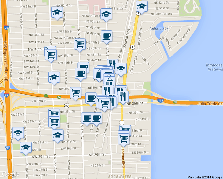 map of restaurants, bars, coffee shops, grocery stores, and more near 3841 Northeast 2nd Avenue in Miami