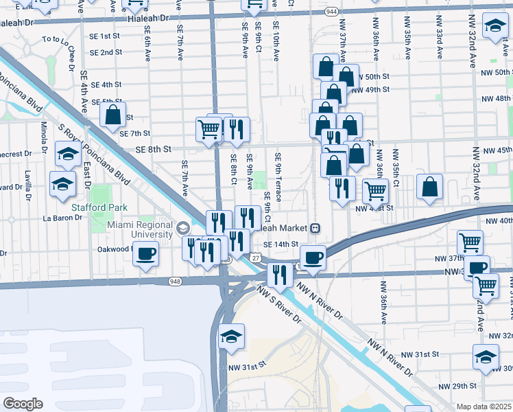 map of restaurants, bars, coffee shops, grocery stores, and more near 938 Southeast 12th Street in Hialeah