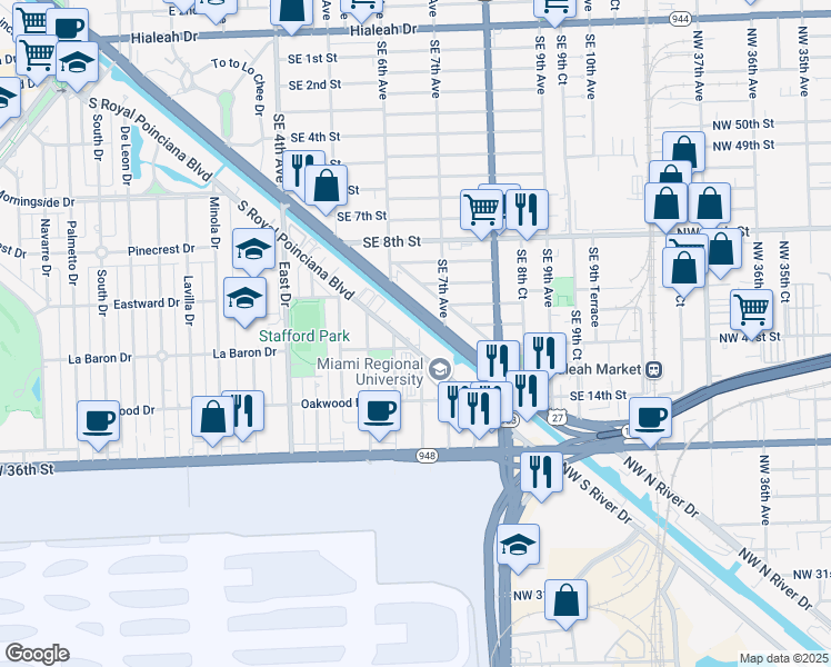 map of restaurants, bars, coffee shops, grocery stores, and more near 671 South Royal Poinciana Boulevard in Miami Springs