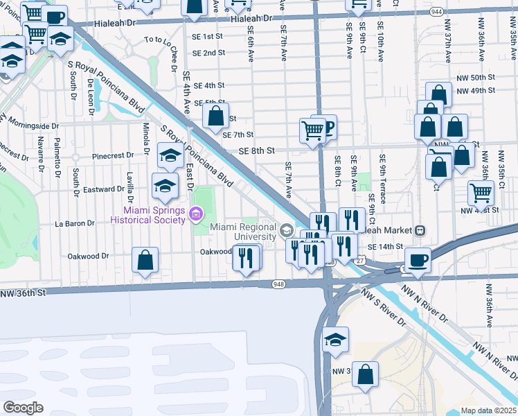 map of restaurants, bars, coffee shops, grocery stores, and more near 671 South Royal Poinciana Boulevard in Miami Springs