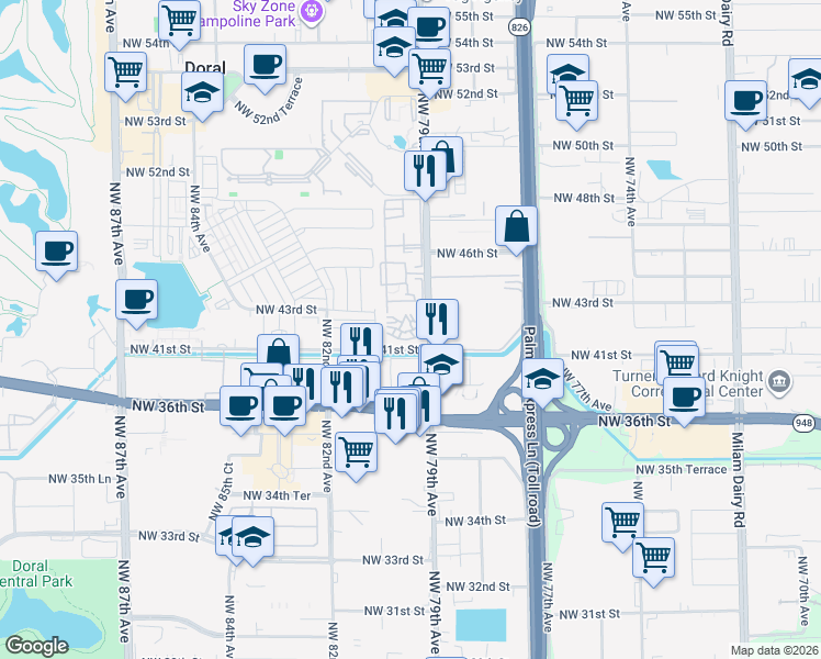 map of restaurants, bars, coffee shops, grocery stores, and more near 4130 Northwest 79th Avenue in Doral