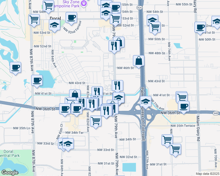 map of restaurants, bars, coffee shops, grocery stores, and more near 4130 Northwest 79th Avenue in Doral