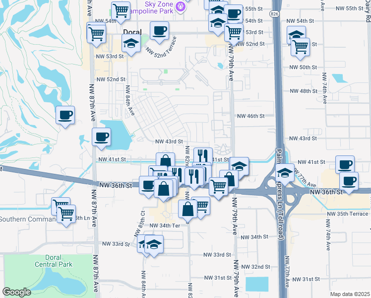 map of restaurants, bars, coffee shops, grocery stores, and more near 4100 Northwest 82nd Avenue in Doral