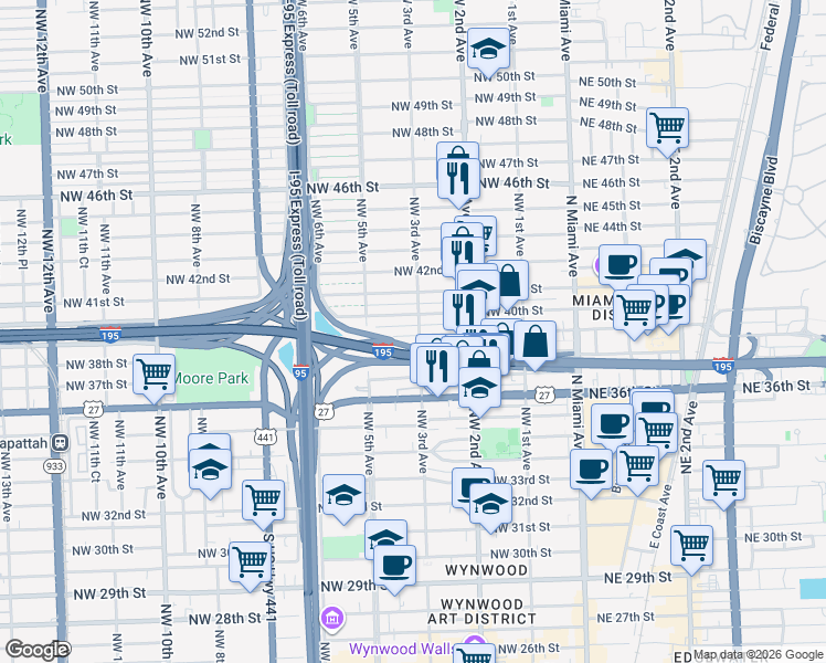 map of restaurants, bars, coffee shops, grocery stores, and more near 3894 Northwest 3rd Avenue in Miami