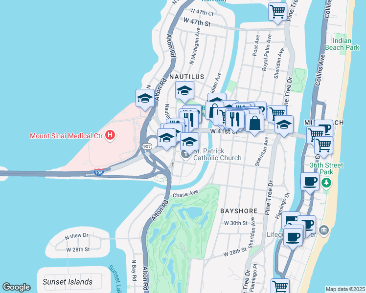 map of restaurants, bars, coffee shops, grocery stores, and more near 3701 Meridian Avenue in Miami Beach