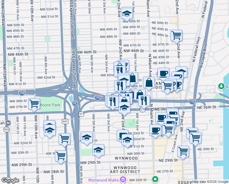 map of restaurants, bars, coffee shops, grocery stores, and more near 246 Northwest 39th Street in Miami