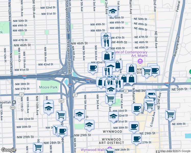map of restaurants, bars, coffee shops, grocery stores, and more near 3894 Northwest 3rd Avenue in Miami