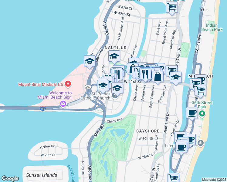 map of restaurants, bars, coffee shops, grocery stores, and more near 3701 Meridian Avenue in Miami Beach