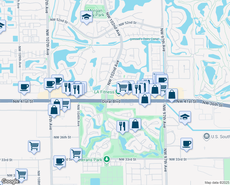 map of restaurants, bars, coffee shops, grocery stores, and more near 10195 Northwest 41st Street in Doral
