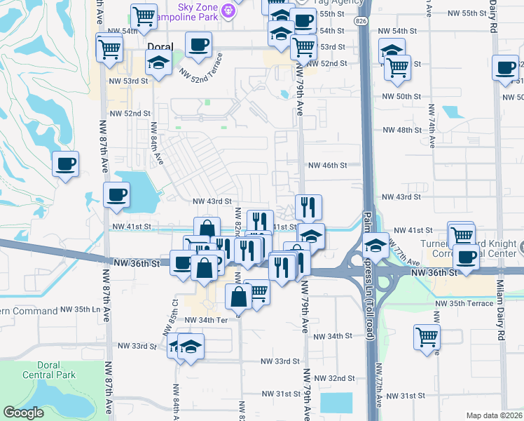 map of restaurants, bars, coffee shops, grocery stores, and more near 8045 Northwest 36th Street in Doral