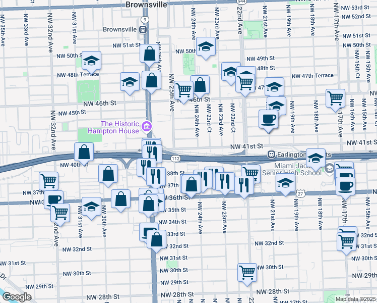 map of restaurants, bars, coffee shops, grocery stores, and more near 3912 Northwest 24th Avenue in Miami