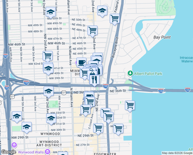 map of restaurants, bars, coffee shops, grocery stores, and more near 3841 Northeast 2nd Avenue in Miami