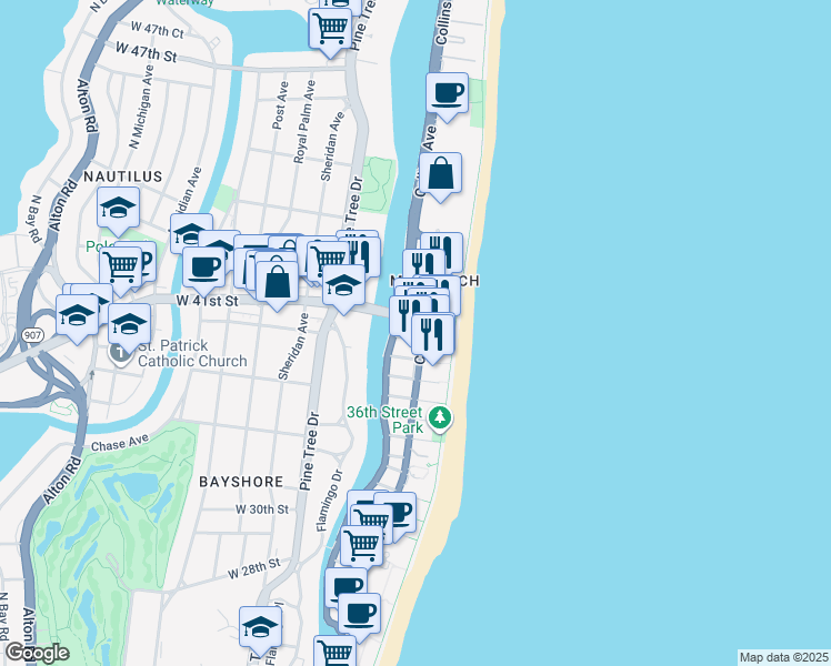 map of restaurants, bars, coffee shops, grocery stores, and more near 4000 Collins Avenue in Miami Beach