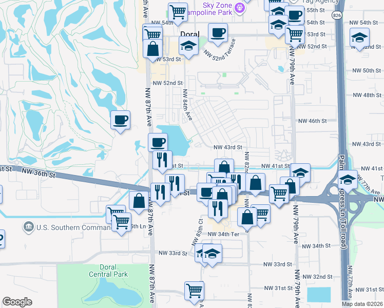 map of restaurants, bars, coffee shops, grocery stores, and more near 8649-8657 Northwest 41st Street in Doral