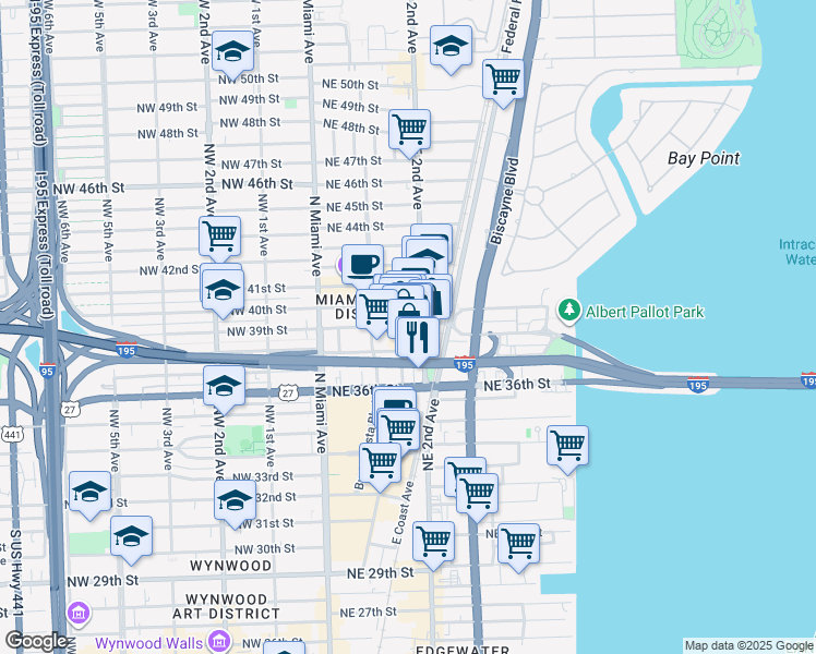 map of restaurants, bars, coffee shops, grocery stores, and more near 180 Northeast 39th Street in Miami