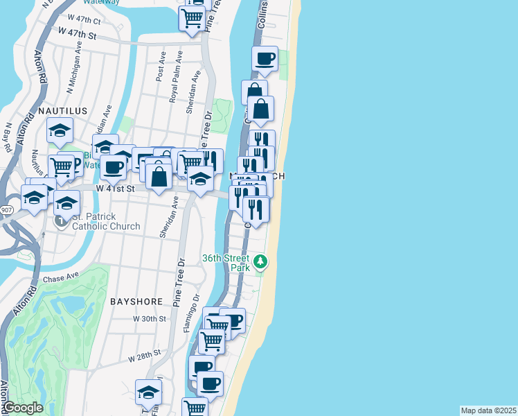 map of restaurants, bars, coffee shops, grocery stores, and more near in Miami Beach